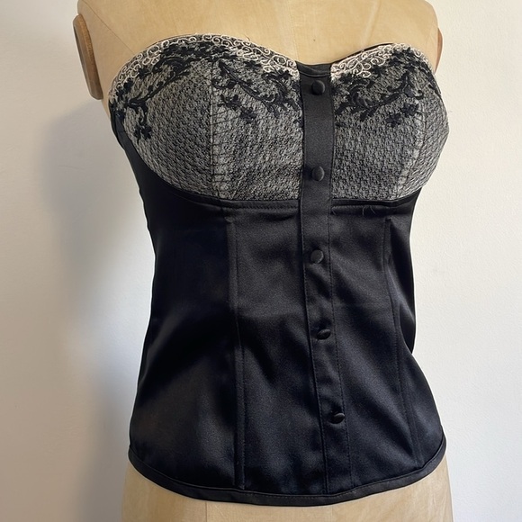 Y2K Lace Bustier Top Medium Black Button Satin Corset Boning CottonExpress - Picture 3 of 14